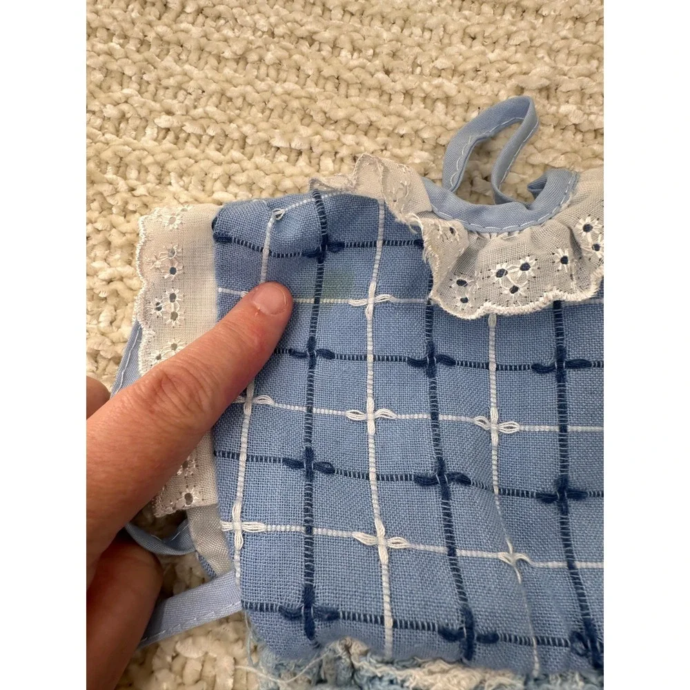 Vintage Doll Dress Blue Gingham Checkered Lace‎ Trim Teddy Bear Clothes Slip On